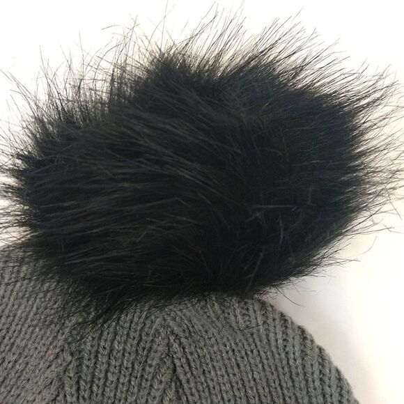 Women's gray knit beanie with black sequin letters and faux fur pom - Picture 3 of 5